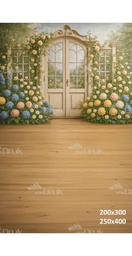 Tło fotograficzne „Romantyczna brama ogrodowa wśród pastelowych kwiatów” | E657